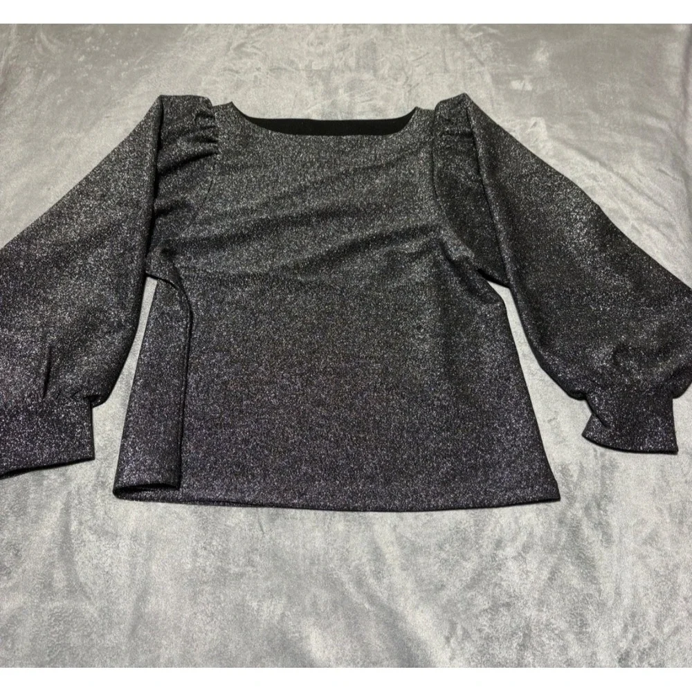 Ann Taylor LOFT Women Size S Black Metallic Silver Boat Neck Puff Sleeve Blouse